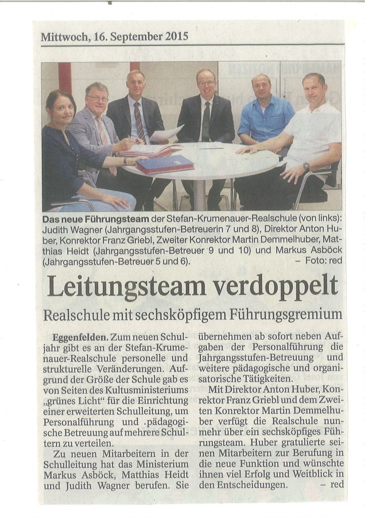 Zeitungsartikel Erweiterte Schulleitung - PNP 16.09.2015