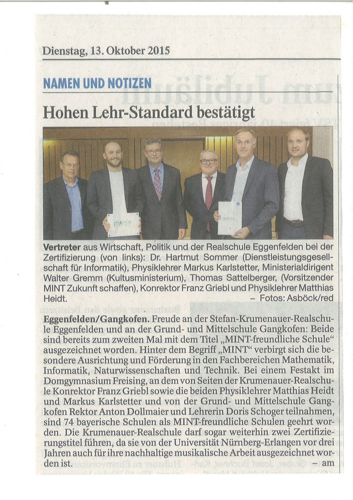 Zeitungsartikel MINT-Zertifzierung - PNP 13.10.2015