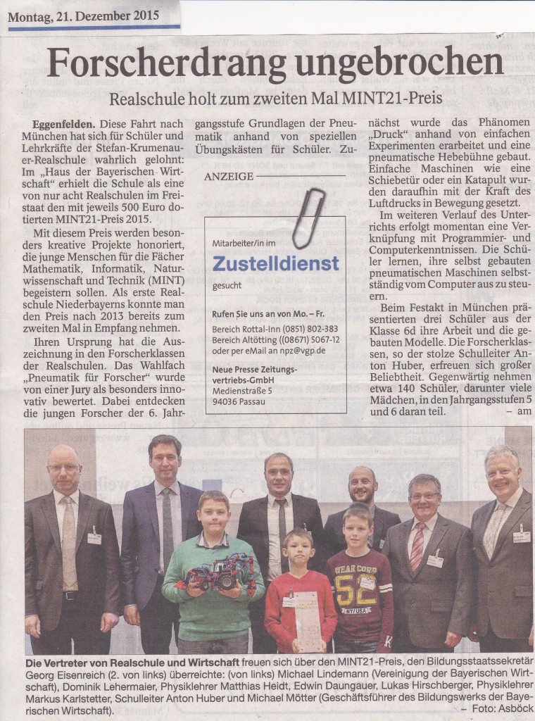 2015-12-21 - Zeitungsartikel über MINT-Rezertifizierung RS Eggenfelden (RA)