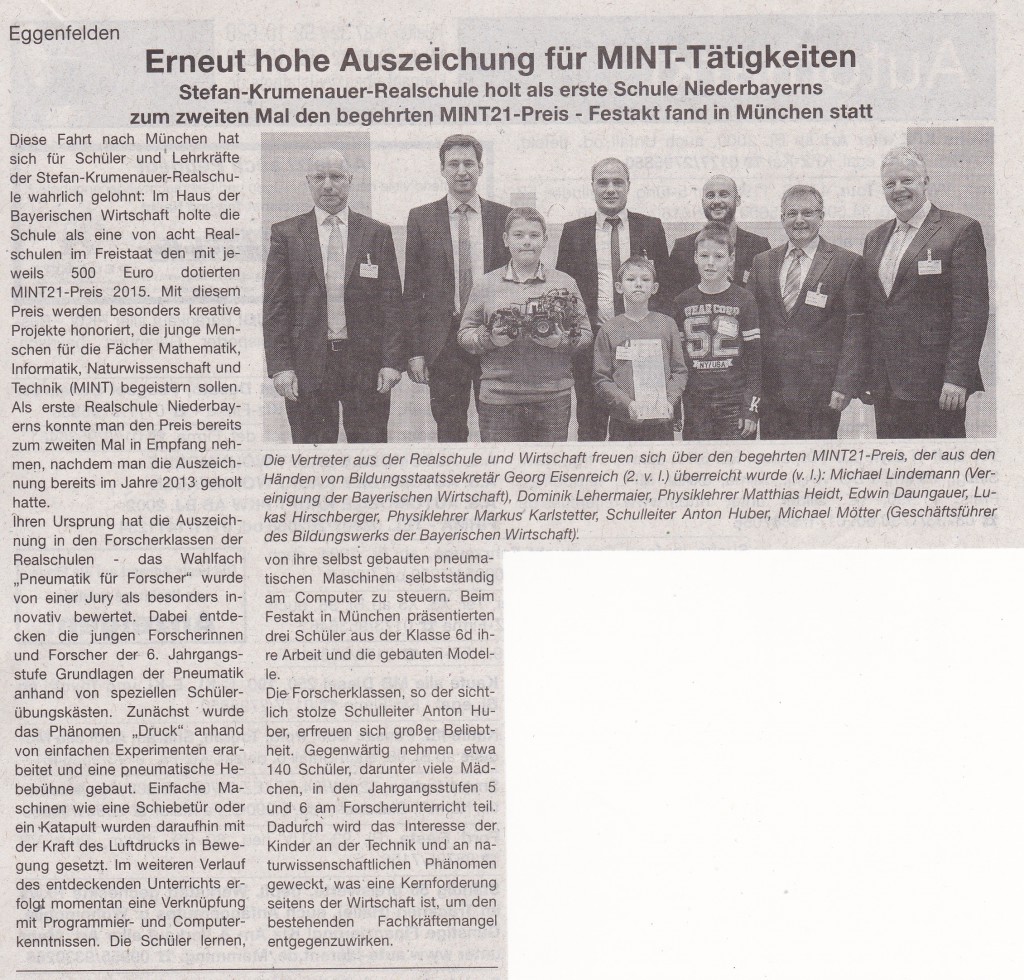 2015-12-21 - Zeitungsartikel über MINT-Rezertifizierung RS Eggenfelden (VIB)