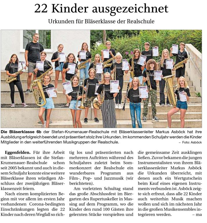 2022-08-02 - Zeitungsbericht Bläserklasse 6b - Abschlussurkunden (zugeschnitten) - klein