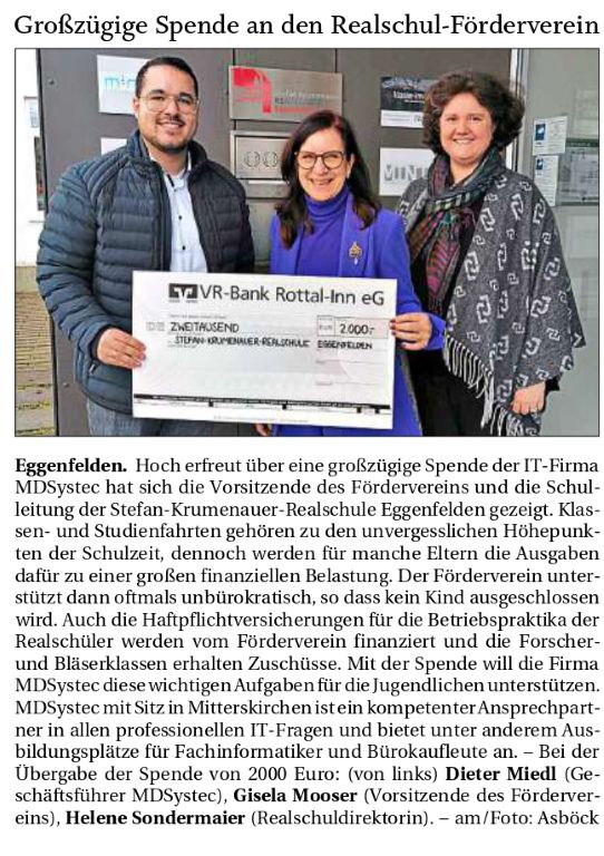 2025-01-18 - Spende Förderverein MDSystec - Zeitungsbericht RA real - klein